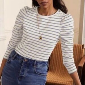 Boden White & Lavender Blue Striped Long Sleeve Puff Shoulder Tee, Cotton, 16/18